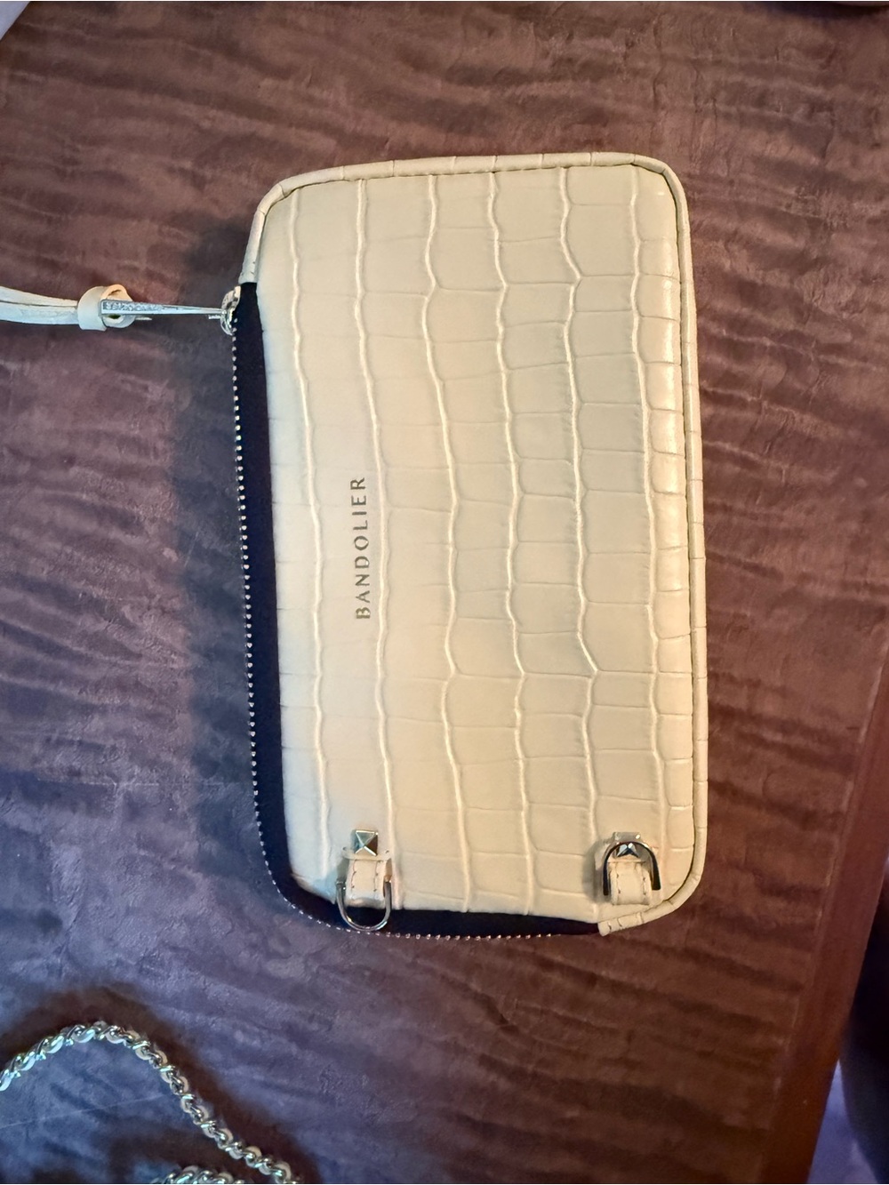 Bandolier Cream Croc-Embossed Leather Wristlet with Chain Detail